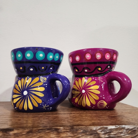 Artisan Hand Painted Mexican Folk Art Terracotta Face Mugs Set of 2 - Picture 4 of 8